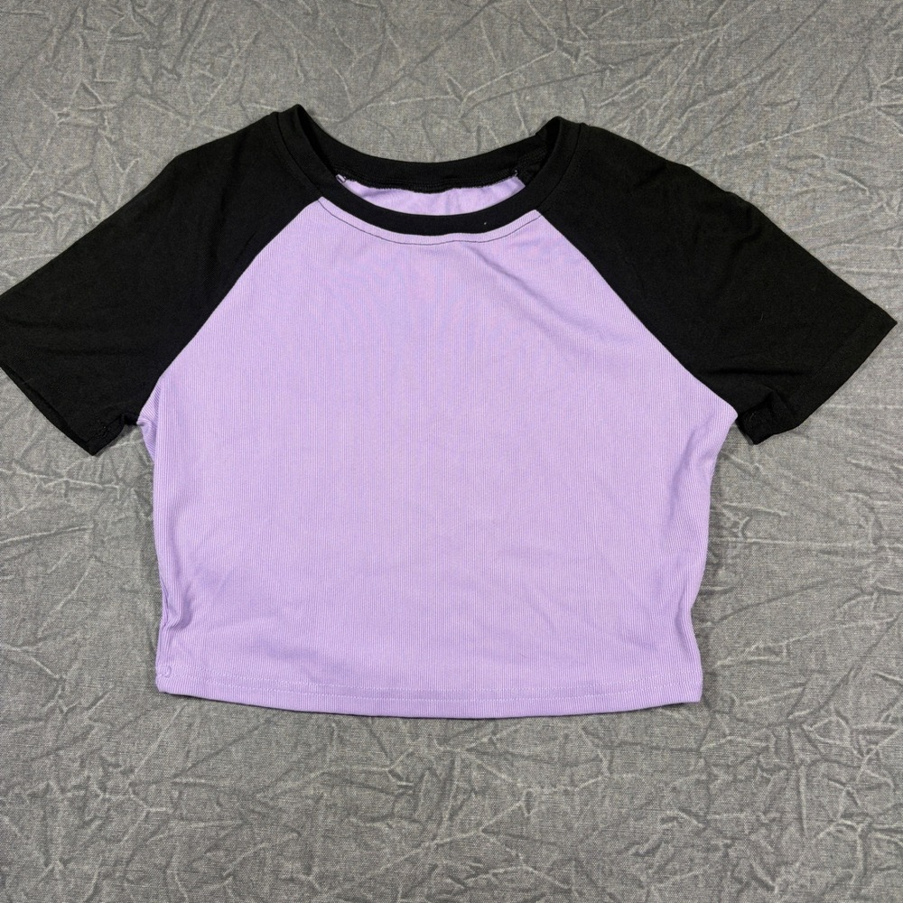 Unbranded Crop Top Women L Purple Black Raglan Ribbed Knit Short Sleeve Tee